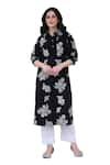 NUHH_Black 100% Cotton Printed Floral Mandarin Collar Siyah Kurta And Pant Set_Online_at_Aza_Fashions