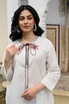 NUHH_White 100% Cotton Embroidery Bead Keyhole Neckline Kurta And Pant Set_Online_at_Aza_Fashions