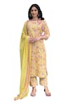 NUHH_Yellow 100% Cotton Printed Rose Round Neck Kurta Pant Set_Online_at_Aza_Fashions