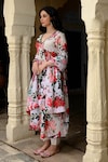 Shop_NUHH_Multi Color Viscose Muslin Printed Bird V Neck And Flower Anarkali Set_at_Aza_Fashions