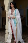 Buy_NUHH_White 100% Cotton Embroidery Thread V Neck Schiffli Pattern Kurta Set_at_Aza_Fashions