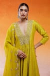 Shop_Redpine Designs_Yellow Anarkali And Pant Chanderi Hand Embroidery Cutdana V-neck Daisy Set _at_Aza_Fashions