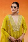 Redpine Designs_Yellow Anarkali And Pant Chanderi Hand Embroidery Cutdana V-neck Daisy Set _at_Aza_Fashions