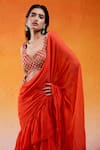 Redpine Designs_Red Saree Viscose Georgette Hand Scarlet Pre-draped Ruffle With Blouse _at_Aza_Fashions