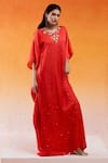 Buy_Redpine Designs_Red Viscose Modal Satin Hand Embroidery Cutdana V-neck Scarlet Kaftan _at_Aza_Fashions