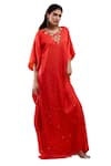 Buy_Redpine Designs_Red Viscose Modal Satin Hand Embroidery Cutdana V-neck Scarlet Kaftan _Online_at_Aza_Fashions