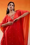 Redpine Designs_Red Viscose Modal Satin Hand Embroidery Cutdana V-neck Scarlet Kaftan _at_Aza_Fashions