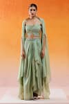 Buy_Redpine Designs_Green Blouse Crushed Crepe Organza Hand Embroidery Draped Skirt With Cape Set_at_Aza_Fashions