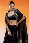 Shop_Redpine Designs_Black Blouse And Skirt Viscose Modal Satin Hand Draped With Cape Set _at_Aza_Fashions