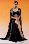 Buy_Redpine Designs_Black Blouse And Skirt Viscose Modal Satin Hand Draped With Cape Set 