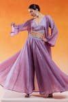 Buy_Redpine Designs_Purple Crushed Organza Hand Embroidered Cutdana V-neck Top Flared Pant Set_at_Aza_Fashions