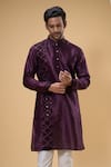 Arihant Rai Sinha_Wine Silk, Chanderi Embroidery Placement Kurta And Churidar Set _at_Aza_Fashions
