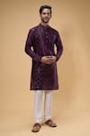 Buy_Arihant Rai Sinha_Wine Silk Placement Embroidered Zari Thread Kurta _at_Aza_Fashions