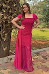 Babita Malkani_Pink Tulle Embroidery Beads Square Neck Floral Gown_Online_at_Aza_Fashions