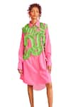 Shop_POOJA SHROFF_Pink Cotton Embellished Pleated Wave Collar Neck Malibu Shirt Dress _Online_at_Aza_Fashions