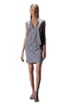 POOJA SHROFF_Grey Knit With Embellished V Neck Ellora Short A-line Dress _Online_at_Aza_Fashions