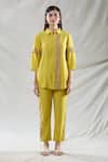 Samyukta Singhania_Yellow Viscose Embroidered Lace Collared Rose Shirt And Pant Set _at_Aza_Fashions