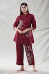 Buy_Samyukta Singhania_Red Viscose Embroidered Floral Collared Tunic And Pant Set _at_Aza_Fashions