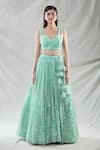 Samyukta Singhania_Green Net Embroidery Sequin Sweetheart Neck Stripe Lehenga Set _at_Aza_Fashions