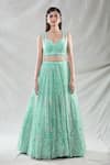 Samyukta Singhania_Green Net Embroidery Sequin Sweetheart Neck Stripe Lehenga Set _Online