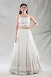 Shop_Samyukta Singhania_White Net Embroidery Sequin Square Neck Floral Stripe Lehenga Set 