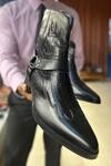 Fellmonger_Black Crocodile Pattern Harness Cowboy Boots _at_Aza_Fashions