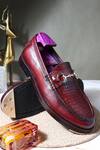 Buy_FELLMONGER_Maroon Croco Texture Leather Buckle Embellished Loafers_at_Aza_Fashions