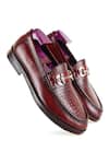 Shop_FELLMONGER_Maroon Croco Texture Leather Buckle Embellished Loafers_at_Aza_Fashions