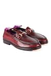 Shop_FELLMONGER_Maroon Croco Texture Leather Buckle Embellished Loafers_Online_at_Aza_Fashions