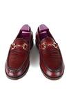 FELLMONGER_Maroon Croco Texture Leather Buckle Embellished Loafers_at_Aza_Fashions