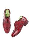 Shop_FELLMONGER_Red Textured Leather Perforated Brogue Shoes _at_Aza_Fashions