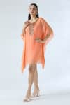 Buy_ARPAN VOHRA_Coral Georgette Embroidered Mirror Scoop Asymmetric Kaftan _at_Aza_Fashions