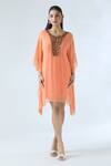 Shop_ARPAN VOHRA_Coral Georgette Embroidered Mirror Scoop Asymmetric Kaftan _Online_at_Aza_Fashions