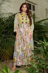 Cin Cin_Multi Color 100% Cambric Cotton Printed Ikkat Floral Collar Maxi Dress_Online_at_Aza_Fashions
