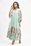 Shop_Tanu Malhotra_Blue Kurta And Pant Cotton Silk Printed Floral Stripe V Neck Set 