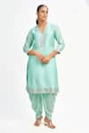 Tanu Malhotra_Blue Kurta And Dhoti Pant Cotton Silk Printed Polka Dot V Neck Set _Online_at_Aza_Fashions