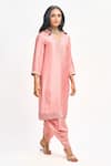 Tanu Malhotra_Peach Cotton Silk Printed Polka Dot V Neck Kurta Dhoti Pant Set _at_Aza_Fashions