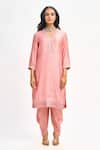 Buy_Tanu Malhotra_Peach Cotton Silk Printed Polka Dot V Neck Kurta Dhoti Pant Set 