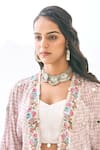 Tanu Malhotra_White Crop Top And Cape Georgette Printed Floral Butta Cape Open Skirt Set _Online_at_Aza_Fashions