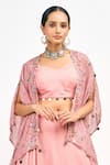 Tanu Malhotra_Peach Crop Top And Cape Georgette Printed Floral Butta Cape Open Skirt Set _Online_at_Aza_Fashions