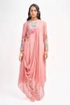 Buy_Tanu Malhotra_Peach Georgette Printed Lotus Round Neck Draped Dress_Online_at_Aza_Fashions