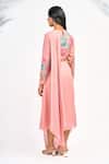 Buy_Tanu Malhotra_Peach Georgette Printed Lotus Round Neck Draped Dress