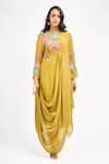 Buy_Tanu Malhotra_Yellow Georgette Printed Lotus Round Neck And Polka Dot Dress_Online_at_Aza_Fashions