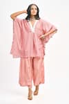 Buy_Tanu Malhotra_Peach Cotton Silk Printed Floral Butta V Neck Kaftan Pant Set _at_Aza_Fashions