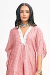 Tanu Malhotra_Peach Cotton Silk Printed Floral Butta V Neck Kaftan Pant Set _Online_at_Aza_Fashions