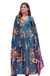 Buy_KARAJ JAIPUR_Blue Anarkali Muslin Printed Flower Notched Set_Online_at_Aza_Fashions