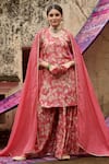 Buy_KARAJ JAIPUR_Red Kurta And Gharara Muslin Printed Floral Keyhole Set_at_Aza_Fashions