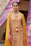 Shop_KARAJ JAIPUR_Yellow Kurta And Gharara Muslin Printed Botanical Keyhole Set_at_Aza_Fashions