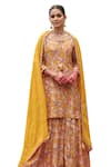 KARAJ JAIPUR_Yellow Kurta And Gharara Muslin Printed Botanical Keyhole Set_at_Aza_Fashions