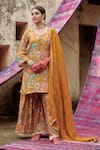 Buy_KARAJ JAIPUR_Yellow Kurta And Gharara Muslin Printed Rose Notched Set_at_Aza_Fashions